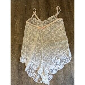 Vintage 80s Spotlight Sheer white Floral Lace Teddy Bodysuit Romper Medium